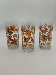Set of 3 Vintage Libbey Crisa Fall Autumn Leaves Acorns Drinking Glasses 6in