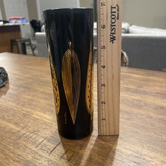 Fred Press Leaf Print Black & Gold Tall Cocktail Glass Vase 6.75″ Vintage MCM