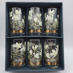 LIBBEY Set of 6 Magnolia Floral Highball Glasses Gold Greek Key Trim Vintage 5.5