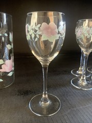 14 Luminarc Florentine Arcopal Wine Glasses & Pitcher. Pink Lavender Flowers