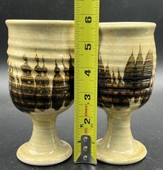 Two Studio Art Pottery Wine Water Goblets Artist Signed Matching Cream & Brown