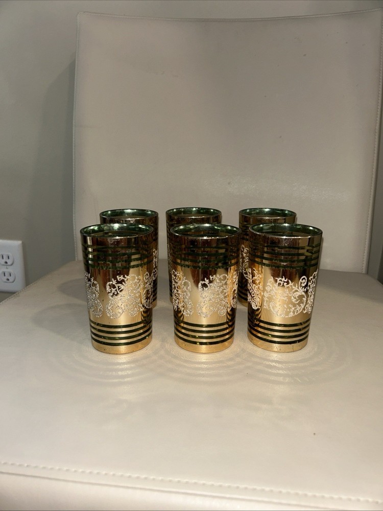 Mid-Century Drinking Glasses Green & gold gilt, Set 6 made in Korea