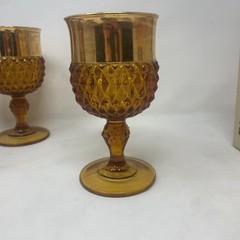 Vintage Indiana Glass Amber Diamond Point Goblets 6.5 Inch, Set of 4 #7906 W/Box