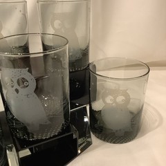 MCM Smoke Gray 4” On The Rocks Glass Owl on Branch w/Moon Stars – Set of 8