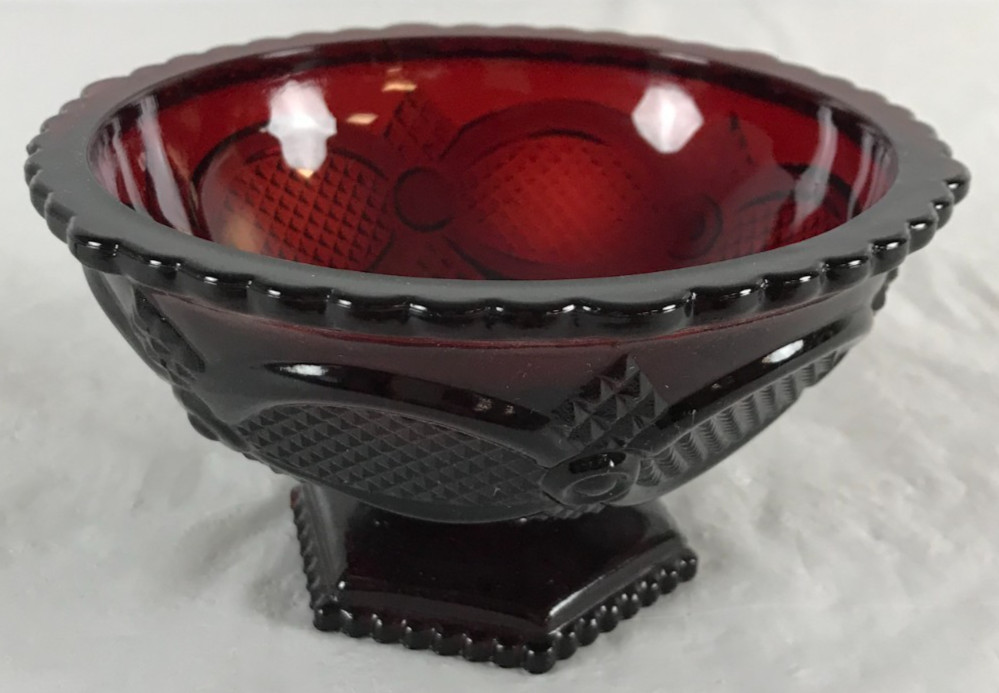 vintage 1876 Avon Cape Cod Ruby Red Glass Footed Candy Dish 6″ wide x 3.25″ tall