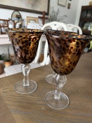 Handblown Glass Tortoise Set of 3 Spotted Amber Brown Black Clear Glass Goblets