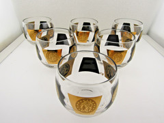 Cera US Liberty Gold World Coins Black Roly Poly 6oz Glass Lowball Vtg Set of 6