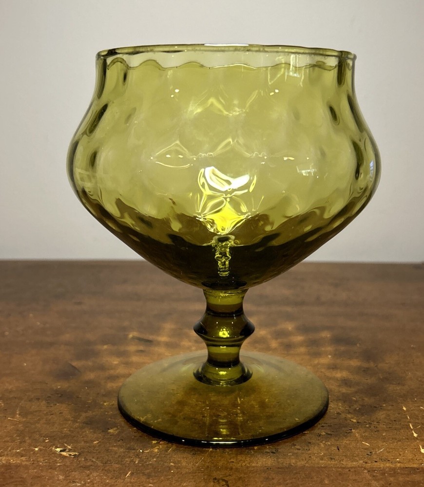 Vintage MCM Compote Pedestal Empoli Avocado Green Diamond Optic Candy Dish 6 in