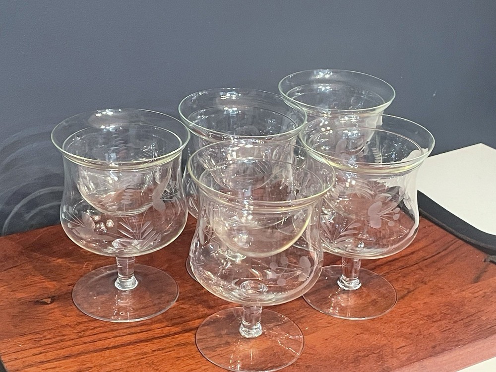 Vintage Etched Gold Rim Cordial Glasses & Dessert Cups Set 10 Floral Crystal