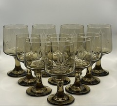 Set of 10 Pfaltzgraff Village 6-6 oz & 4-10 oz Goblet Glasses Amber Brown 5.75″