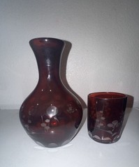 Vintage Bohemian Ruby Red Cut to Clear Glass Bedside Carafe and Tumbler Set
