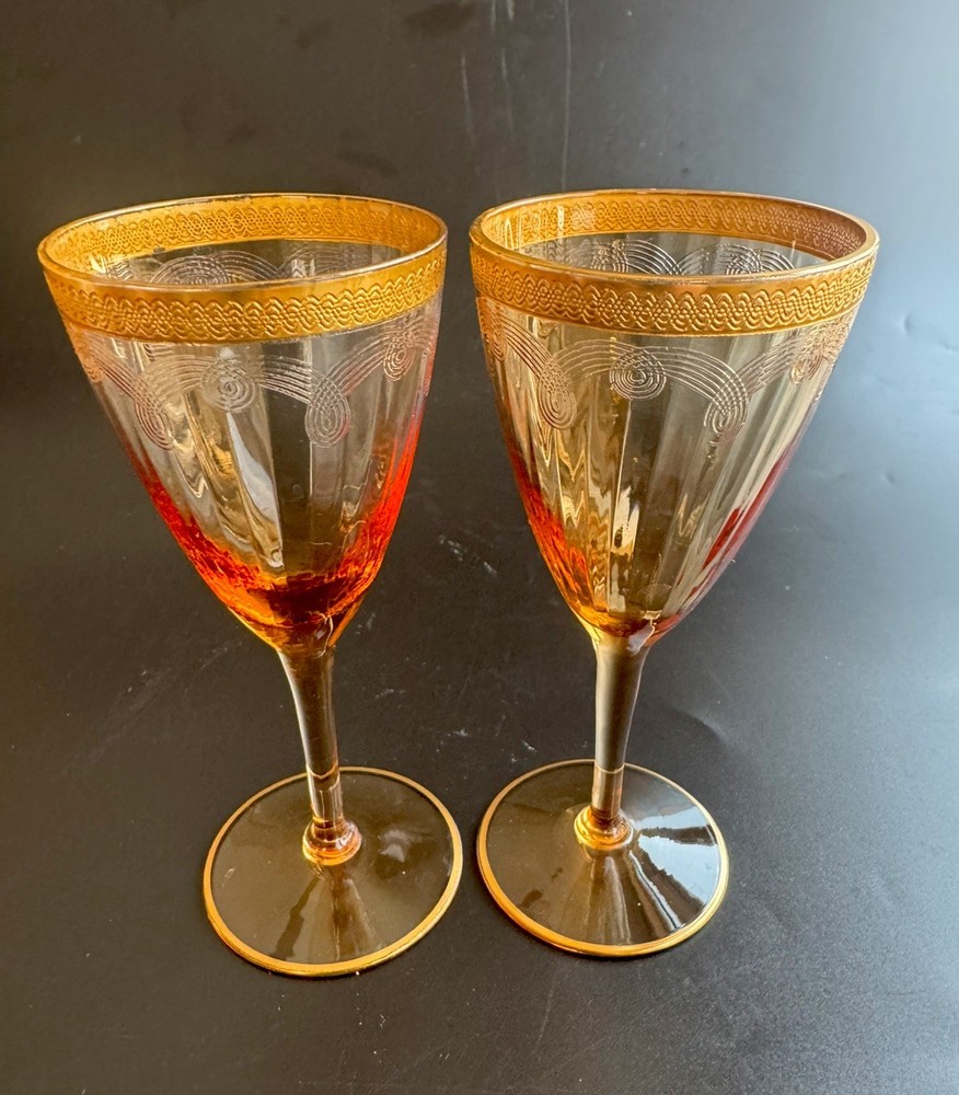 22K Gold trim Tiffin ? Franciscan Minuet Amber Stemmed Cordial Glasses Set of 2