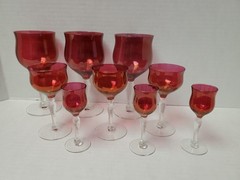 9) Vintage Cranberry Stems Water Wine Cordial Goblet & Coupes Glass
