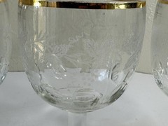 Set of 3 Vintage Bartlett Collins Grape Leaf Etched Glass Goblet Gold Rim