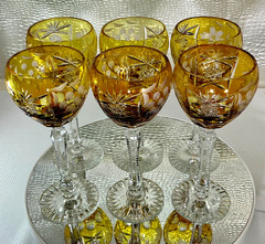 Cut to Clear Glass Crystal 8” Set 6 Nachtmann Amber Yellow Wine Glasses Goblets