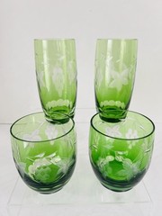 Set of 4 Bohemian Crystal Green Cut to Clear Tumblers Old Fashioned Glasses