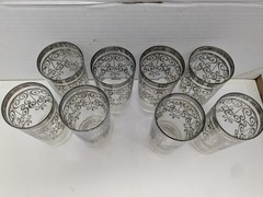 8 Vintage MCM Mid Century Scrolled Silver Rim Overlay Highball Glasses
