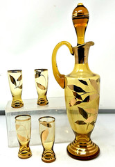 Bohemian Amber Crystal Cordial Set Czechoslovakia MCM 1960’s 22k Gold Trim