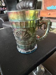 IMPERIAL ACGA Teal Blue Carnival Glass GOD HOME 4.25” Mug July 4 1968 Dayton OH