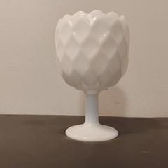 Vtg Diamond/Basketweave Design Milk Glass Textured Pedestal Goblet Scalloped Rim