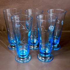 5-pc Vintage Cobalt Blue Etched Floral Glasses Tumbler Iced Tea Glases 6″