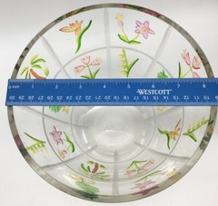 Crystal Bowl Hand Cut Floral Designs Painted Geometric 9″ Across