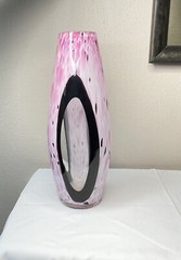 Murano Vase, 19 in. tall pink, white, black and clear. Hand blown no sticker