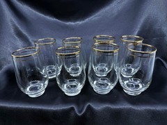 VINTAGE MCM SET OF 8 STEMLESS BARWARE GLASSES-4 3/4″- W/DBLE RIMMED GOLD TRIM