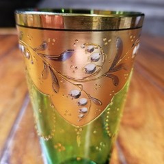 Vintage Set Of 4 Emerald Green Gold Gilt Enamel Glass Tumblers GIL