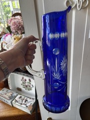 Vintage Bohemian Czech Cobalt Blue Cut to Clear Glass Pitcher and 6 Tumbler Set