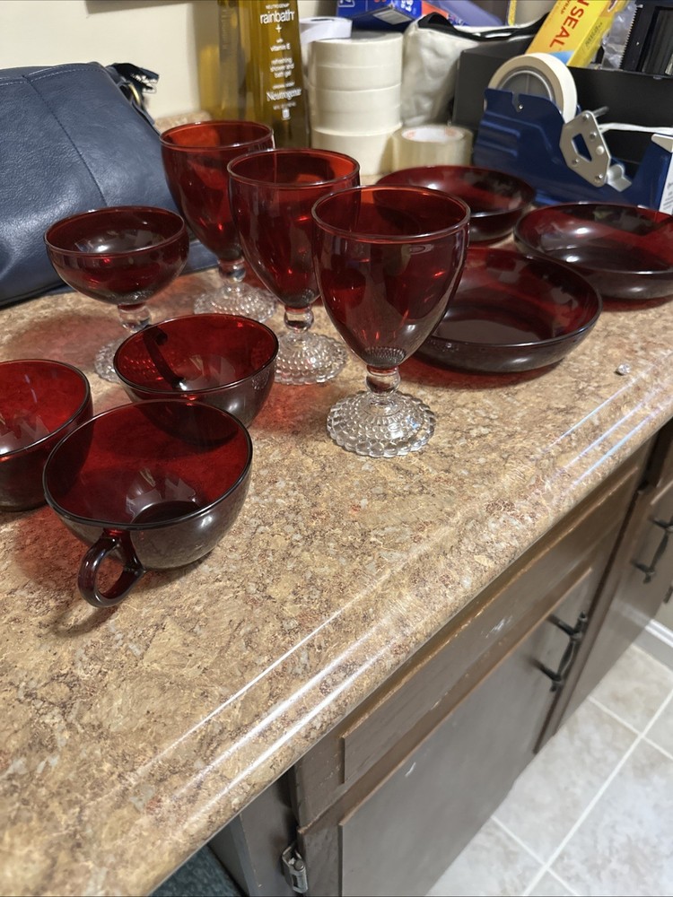 Anchor Hocking Bubble Foot Ruby Goblets, Tea Cups, Custard Dish, Red Bowls