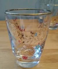 7-Mid Century Retro Pink Turquoise Gold Floral Barware 2 Tall & 5 Short, Rare