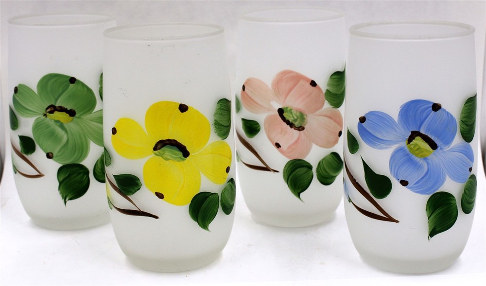 Set/4 FROSTED GLASS TUMBLERS Hand-Painted Pink Yellow Blue Green DOGWOOD FLOWERS