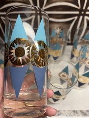 Set of 8 Federal Glass Nordica Turquoise & Gold Atomic Highball MCM Barware