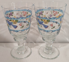 LIBBEY SUE ZIPKIN CLEAR GOBLETS 7″ SANGO SWEET SHOP BIRDS FLOWERS BEES Set of 4