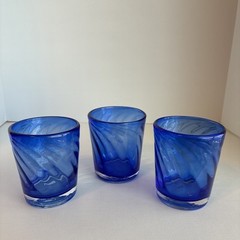 3 Cobalt Blue Swirl Rocks Glasses Vintage 3 1/2” Dia 4” Tall
