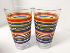 Libbey Fiesta Mambo Glasses Vintage Stripe Yellow Blue Green Red Set Of 2 MCM