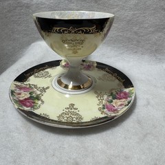 Vintage Shafford Japan Pedestal Teacup & Saucer Set Black Gold Roses Lusterware