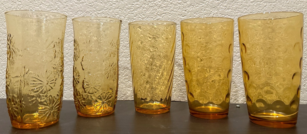 Set of 5 Vintage Assorted Amber Gold Tumblers Glasses See Description
