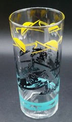 Vintage Federal Glass Equestrian Fox Hunt Highball 6″Bar Glass Blue Yellow Black
