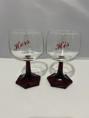 Set-2 HIS & HERS VTG 5″ clear wine glasses with ruby red stem and hexagon base