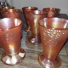 Vtg Set of 8 Carnival Glass Tumblers Marigold Orange Crackled Footed Juice Glass