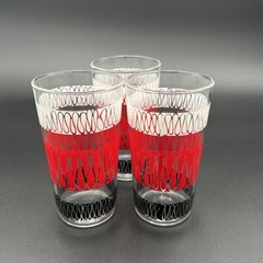 VTG MCM Anchor Hocking Set of 3 Glasses Red White Black Ribbon Squiggle 4 3/4″