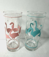 2 Vintage 70’s Libbey Flamingo Highball Tom Collins Barware Glass Tumblers 7”