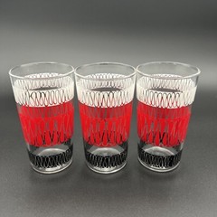 VTG MCM Anchor Hocking Set of 3 Glasses Red White Black Ribbon Squiggle 4 3/4″