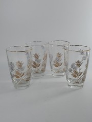 Set of 4 Vintage Libbey Rose Bouquet Tumblers, Gold Rim, 1960s, barware
