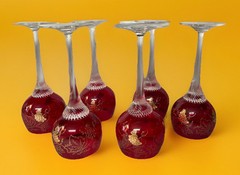 6 Vintage Bohemian Ruby Red Crystal Wine Glasses, Gilded Grapes & Rim, VGC, 7”H