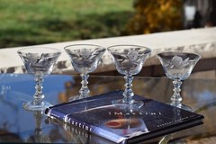 4 Vintage Etched Roses Cocktail ~ Martini glasses, Fostoria, Rose, circa 1950’s