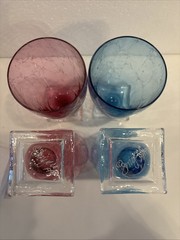 4 SMYERS Studio Art Glass Tumblers 6” Marble Effect Amethyst & Blue ’99 Set Lot