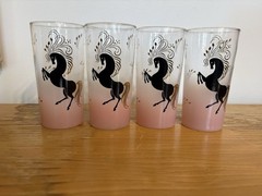 Set of four vintage Libbey frosted pink highball glasses horses 22K Gold Accents